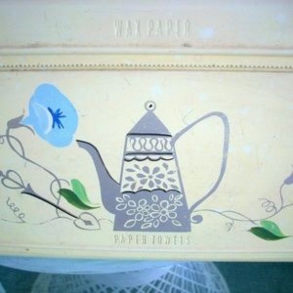 ❤️1940 METAL PAINTED WITH FLOWERS KITCHEN WAX PAPER & PAPER TOWEL HOLDER Saran - Picture 2 of 8